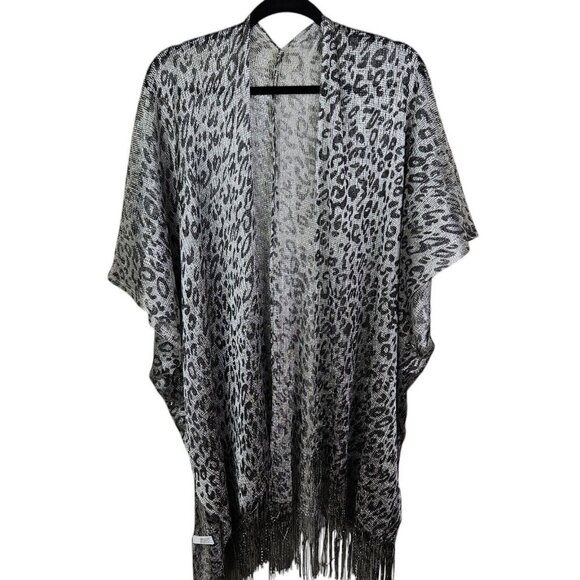 Leopard Print Silver Fringe Shawl Kimono Cover up Mesh Open Front One Size - Picture 1 of 12
